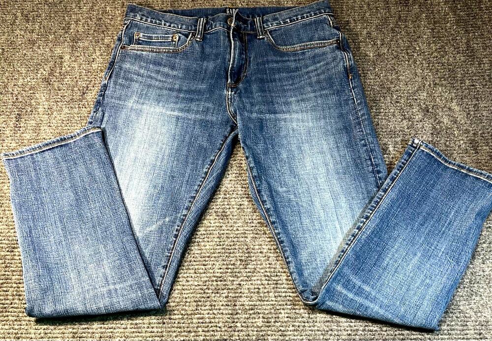 GAP Men’s Slim Straight Blue Denim Jeans Mid Rise Medium Wash Stretch 5-Pocket
